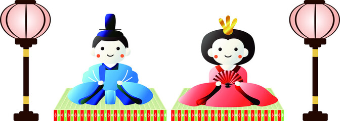 Japanese Gradation cute Hina dolls on tatami sheet with paper lantern
