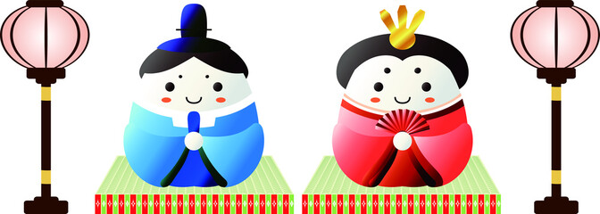 Japanese Gradation cute Hina dolls on tatami sheet with paper lantern