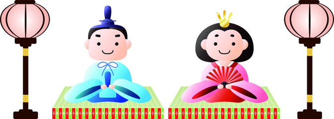 Japanese Gradation Hina dolls on tatami sheet with paper lantern