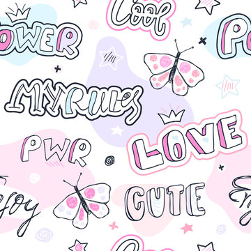Girlish fashion sketch seamless pattern with butterfly, stickers, lettering, stars, crown.