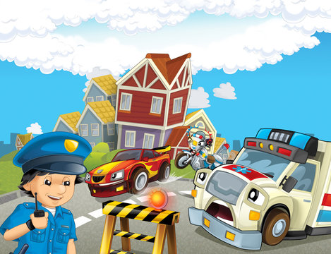 cartoon scene with police chase motorcycle driving through the city helicopter flying policeman and ambulance - illustration for children © honeyflavour