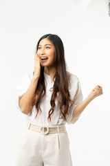 Fototapeta premium Business asian woman isolated on white. Young beautiful arab woman over isolated background happy face smiling Positive person.