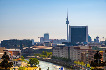 Berlin, Germany - Panoramic view of the eastern side of Berlin with the Mitte quarter and Television Tower - Berliner Fernsehturm - at the Alexanderplatz square and the Spree river