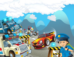 cartoon scene with police motorcycle driving through the city and ambulance - illustration for children