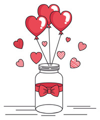 jar with bow and balloons helium in shape heart