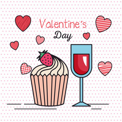 valentines day card with hearts and cup wine