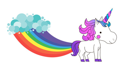 White cute unicorn with rainbow hair. Vector illustration. Kawaii fantasy animal with rainbow and clouds