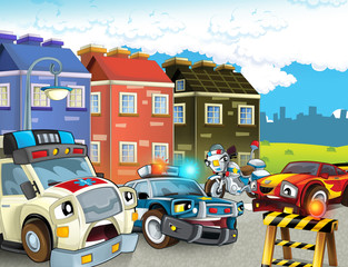 cartoon scene with police chase motorcycle and car driving through the city helicopter flying and ambulance - illustration for children