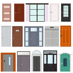 Doors vector doorway front entrance lift entry or elevator indoor house interior illustration set building doorpost doorsill and exit gate isolated on white background
