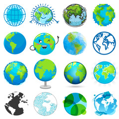 Earth planet vector global world universe and worldwide earthly universal globe emoticon illustration worldly set of earthed sphere logo continents and ocean environment isolated on white background