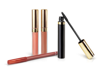 Cosmetics Mascara, Lip Gloss, pencil isolated on White Background