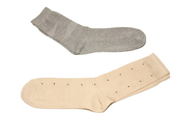 Two pairs of multi-colored thin socks. Thin, summer running socks. Isolated on white background.
