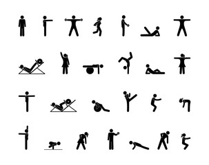 Sports shells set of icons. Stick figure people in the gym. Pictogram man bodybuilder. Barbell, fitball and simulators illustration. 