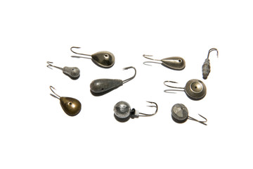 Winter fishing jig. Different shapes and sizes. Isolated on white background.
