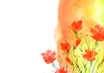 Watercolor painting. A bouquet of flowers of red poppies, wildflowers on a white isolated background.Hand drawn watercolor floral illustration, logo. Abstract orange, yellow splash of watercolor paint