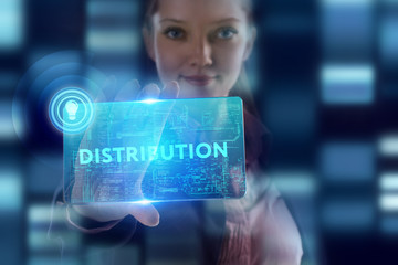 The concept of business, technology, the Internet and the network. A young entrepreneur working on a virtual screen of the future and sees the inscription: Distribution