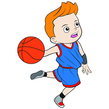 Cartoon boy playing basketball in flat color