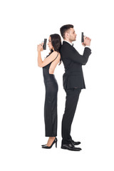 couple of secret agents in black clothes posing with weapon, isolated on white