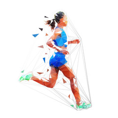 Running woman, isolated low poly vector illustration. Marathon run