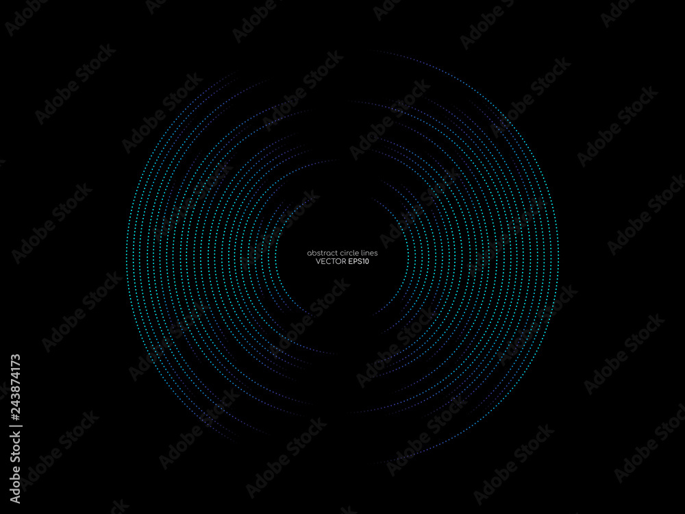 Poster Dots circle line pattern of abstract sound wave equalizer green and blue colors isolated on black background in the concept of music, technology, digital