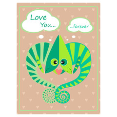 Valentine's day greeting vintage card. Love Chameleon Vector illustration