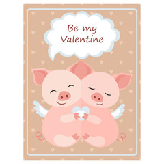 Valentine's day greeting vintage card. Hugging Piggy Vector illustration