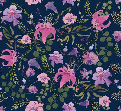 Pink and violet flowers with green leaves on the dark background. Irisis, orchids, eucalyptus. Watercolor seamless pattern. Romantic illustration. Cottage garden bouquets.