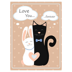 Valentine's day greeting vintage card. Love cat and bunny Vector illustration