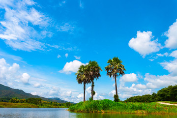 Clear water lake surrounded by mountains. Under the blue sky and sunlight, it is ideal for holiday and camping trips.