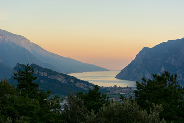 Panoramic view of a town at lake shore during the evening light.