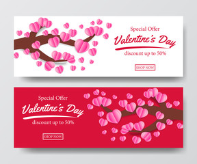 Valentine's day love romance moment sale gift voucher banner template with branch illustration with hearth leaves paper craft