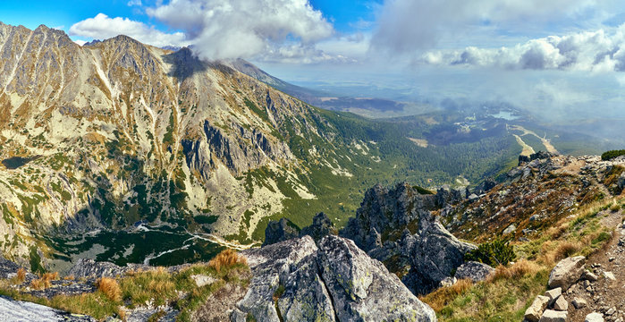 Beautiful panoramic view of the High Tatras mountains in the early autumn, Slovakia.