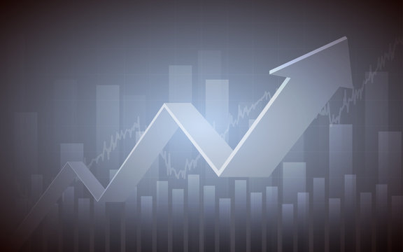 Abstract financial chart with 3d uptrend line arrow graph go up and stock market on gray color background