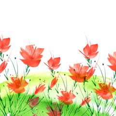 Watercolor painting. A bouquet of flowers of red poppies, wildflowers on a white isolated background. Hand drawn watercolor floral illustration, logo. Green grass, hill, abstract paint splash