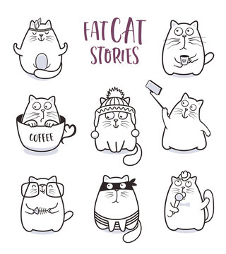 Fat cats vector set for greeting card design t-shirt print or poster