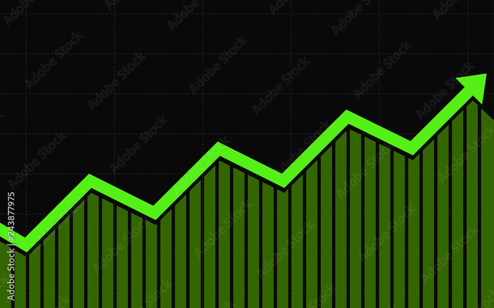 Wall mural abstract financial chart with green color uptrend line arrow graph go up on black color background