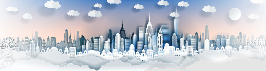 City landscape template. Paper city landscape. Downtown landscape with high skyscrapers. Panorama architecture Goverment buildings. Urban life Vector illustration. Origami and travel concept,paper art