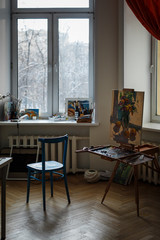 Various artist equipment in the workshop studio. Natural daylight.