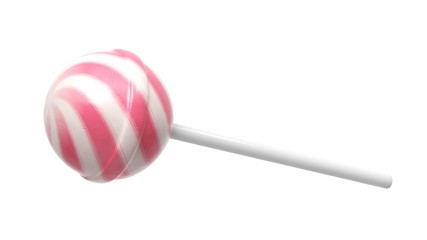 Striped fruit pink and white lollipop on stick isolated on white background