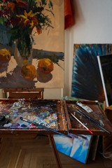 Various artist equipment in the workshop. Natural daylight.