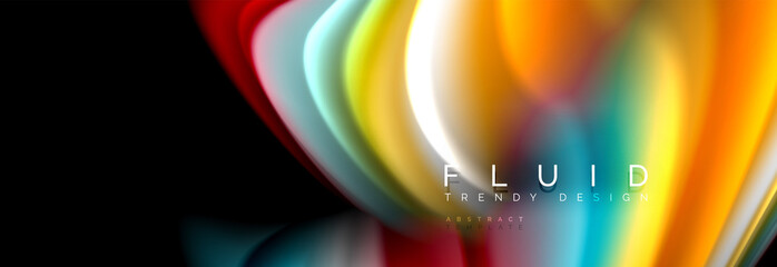 Bright colorful liquid fluid lines on black, modern abstract background