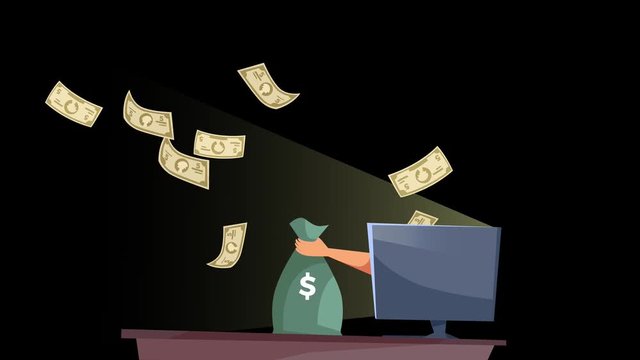 Concept of remote work or business via the Internet - a hand holding a bag of money comes out from the monitor and puts a bag on the table, money from it flies over the table