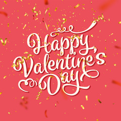 Valentines Day Love Oblique Lettering With Golden Confetti. February 14 Handwritten Romantic Greeting Card Text. Vector Illustration.