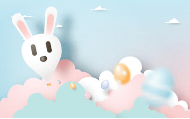 Happy easter day in paper art style with bunny hot air balllon and eggs
