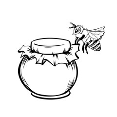 Honey and Bee, Outline Logo Design. Isolated Vector. Black Engraved Element. Vintage Style Illustration of Flying Wasp and Honey Drop