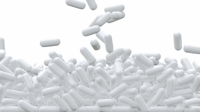 White pills are falling down and filling the screen UHD 3D animation with alpha matte