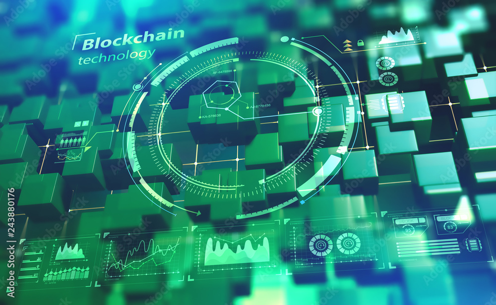 Aufkleber Blockchain technology. Future cyberspace. Information chains in a decentralized global system. 3D illustration with HUD elements