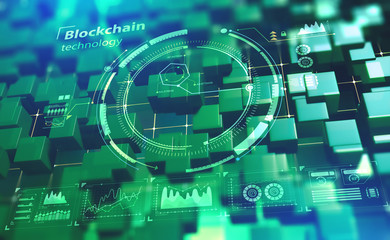 Blockchain technology. Future cyberspace. Information chains in a decentralized global system. 3D illustration with HUD elements