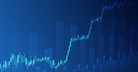 Widescreen Abstract financial chart with uptrend line graph and candlestick on blue color background