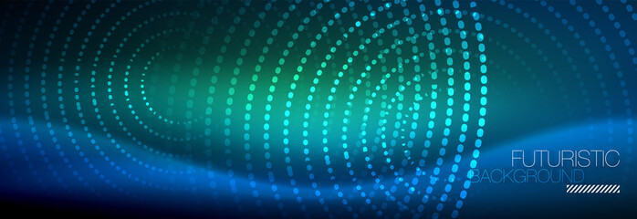 Fototapeta premium Glowing neon circle line dots, round line design, abstract style on black background. Neon abstract round circles Magic neon lights and glowing dots